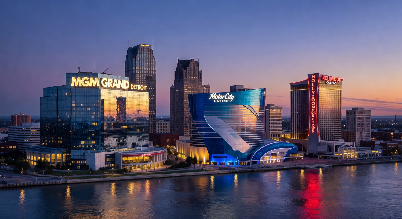Interior shot of a bustling casino floor at MotorCity Casino in Detroit, with slot machines, roulette tables, and patrons engaged in gaming amid vibrant lights and energy
