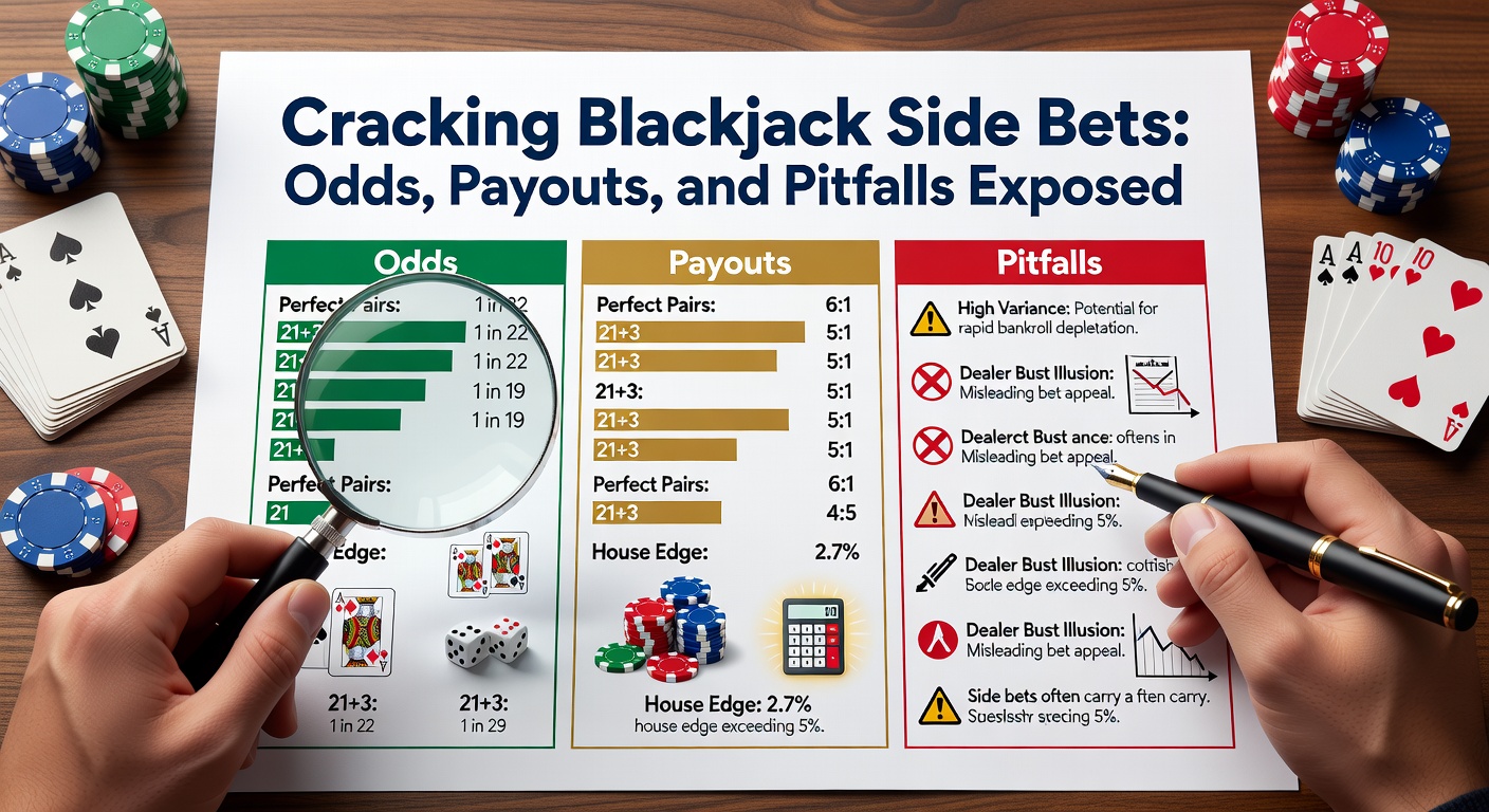 Blackjack table with side bet options highlighted, showing chips and cards in action