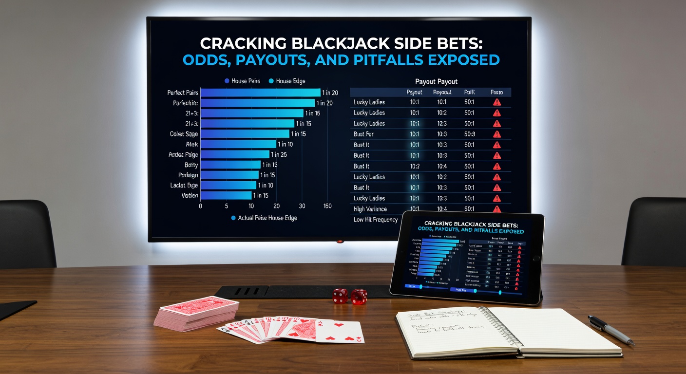 Close-up of blackjack side bet payout chart on a casino table, with chips stacked nearby