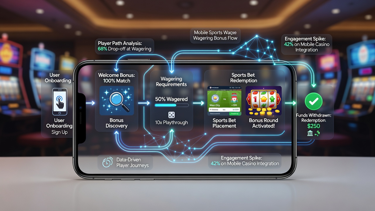 Analytics dashboard highlighting player paths through bonus redemption flows on mobile devices