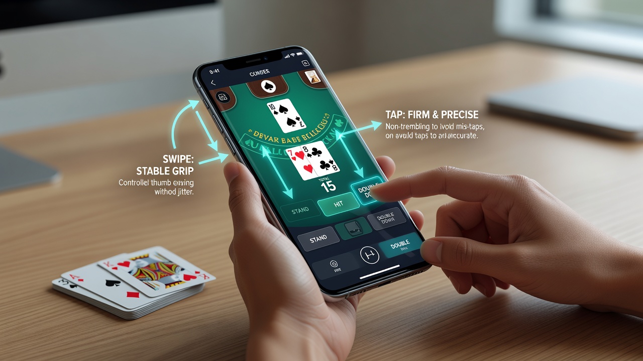 Close-up of hands holding a smartphone while playing mobile blackjack, showing various grip positions and screen interactions