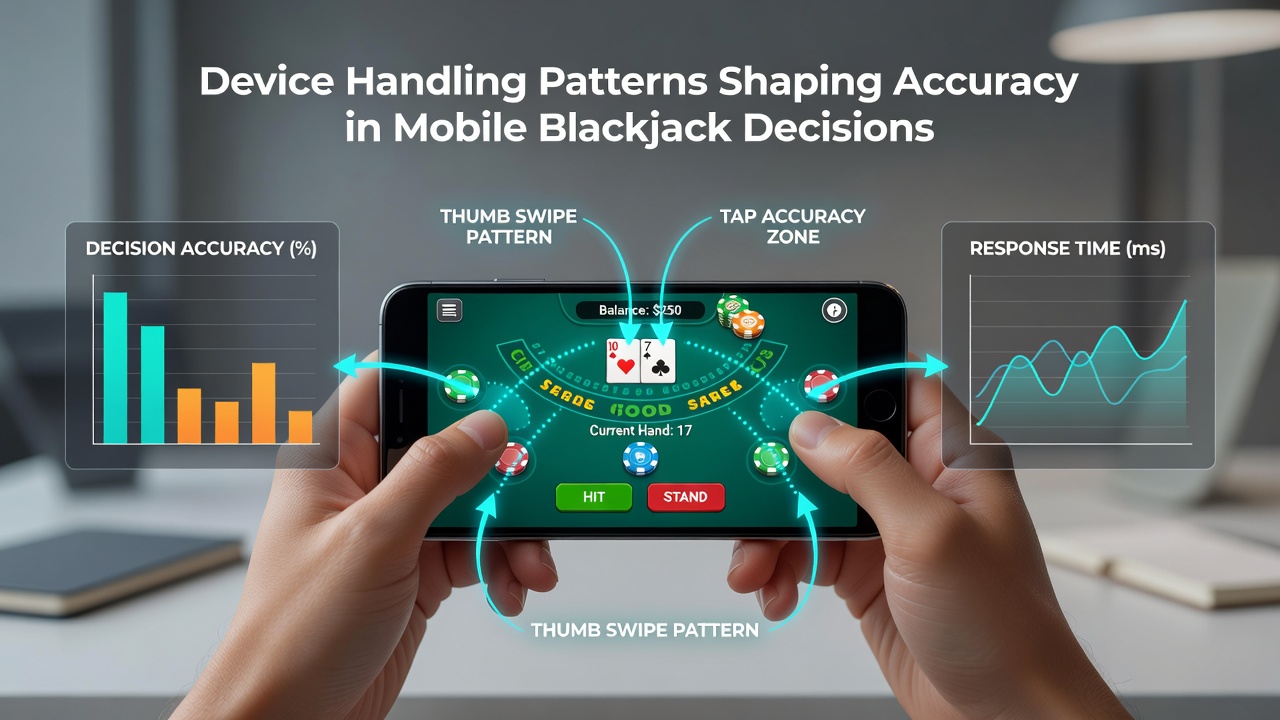 Overhead view of multiple smartphones on a table displaying blackjack interfaces, illustrating different device orientations and player hand positions