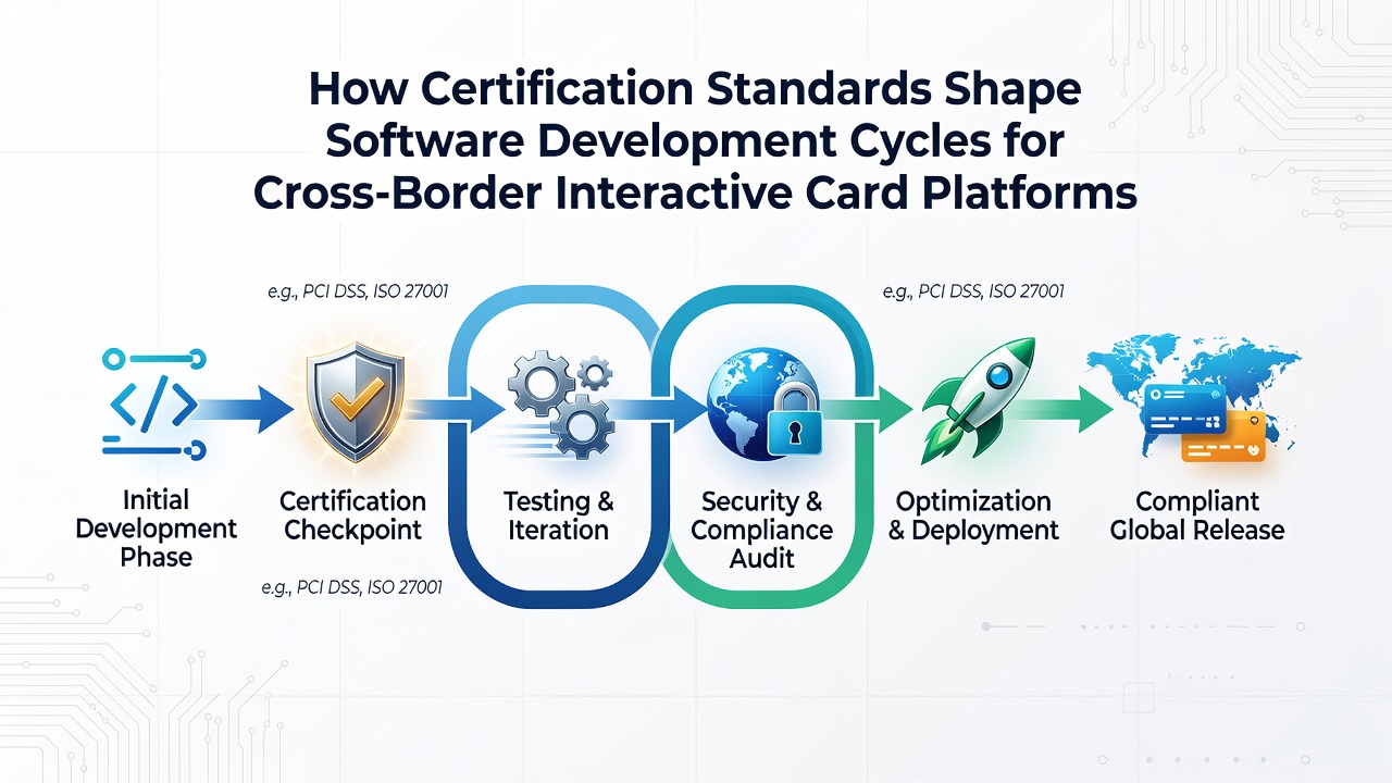 Development team reviewing certification reports for interactive card platform updates