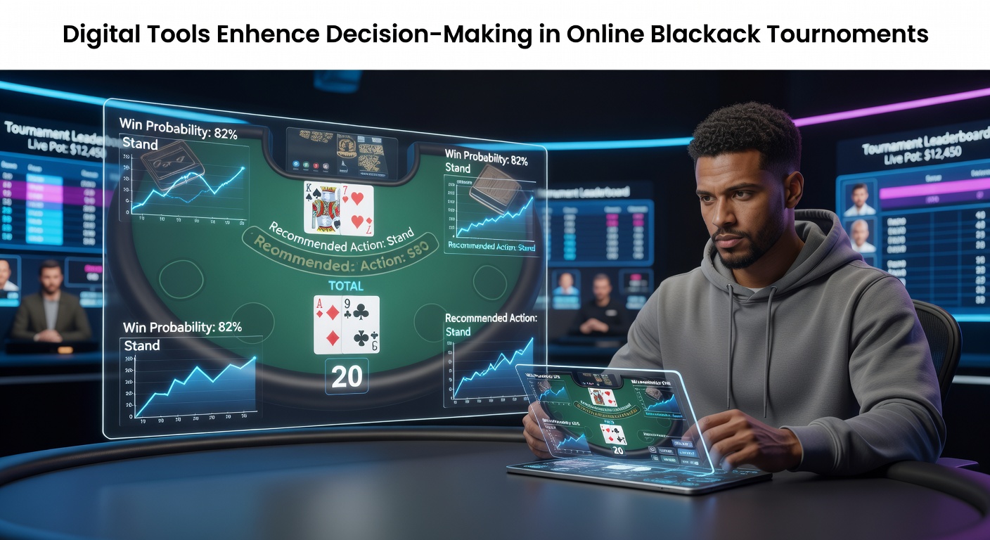 Online blackjack tournament interface displaying real-time analytics and probability charts on a digital screen