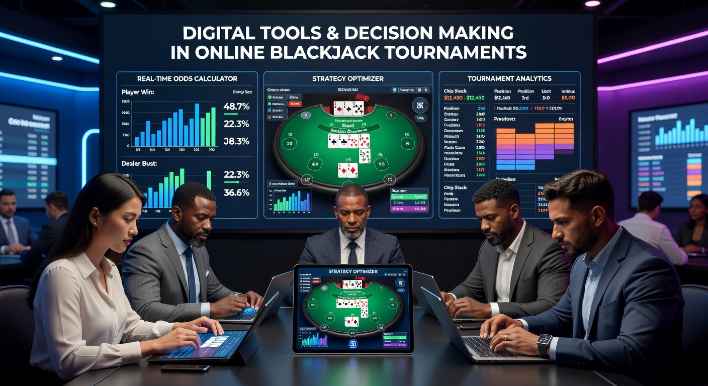 Player reviewing opponent data and stack distributions through a digital overlay during an online blackjack event