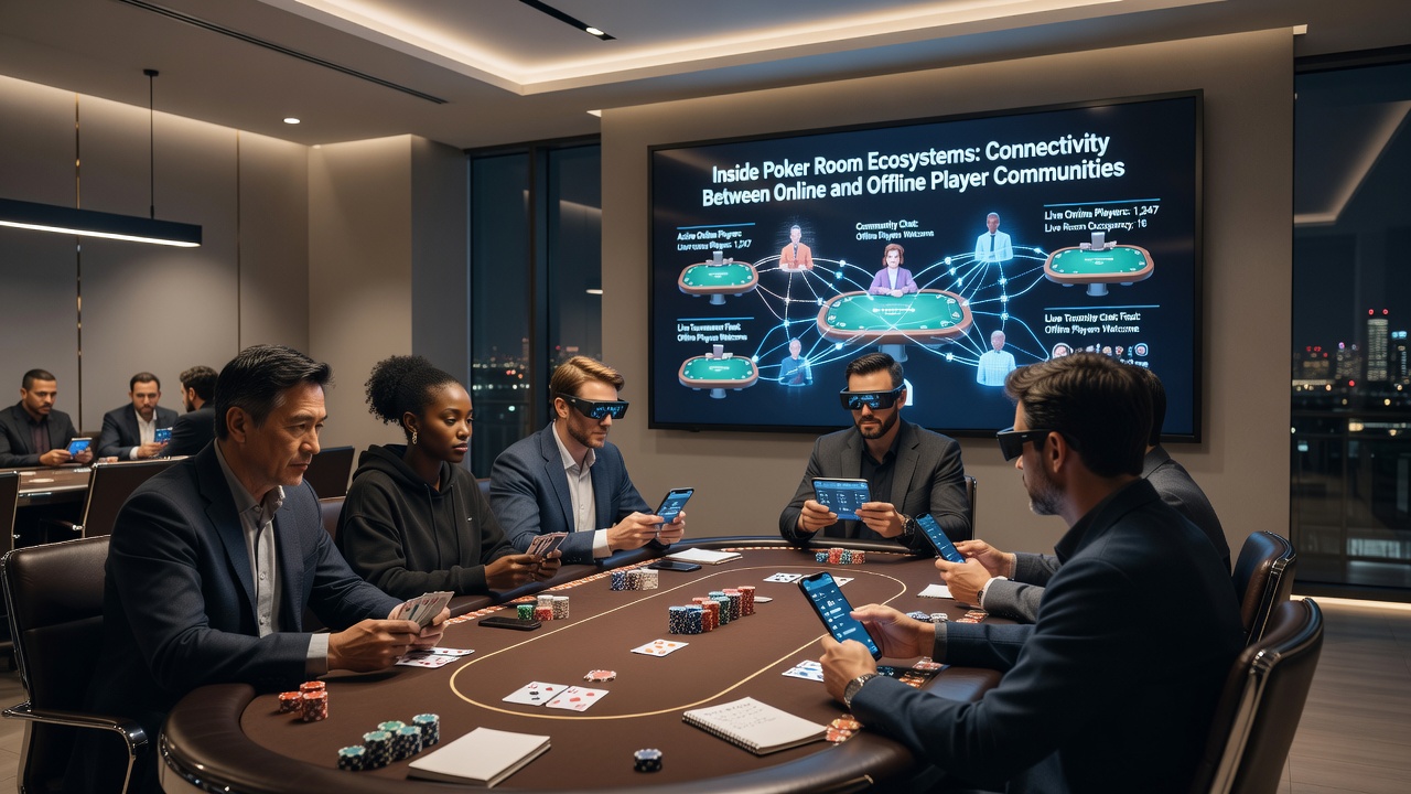 Poker players engaged at both online interfaces and physical tables showing community overlap