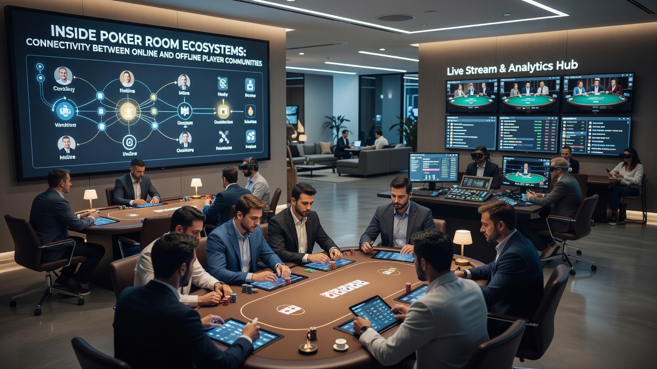 Live poker tournament floor connected to online streaming and community interfaces