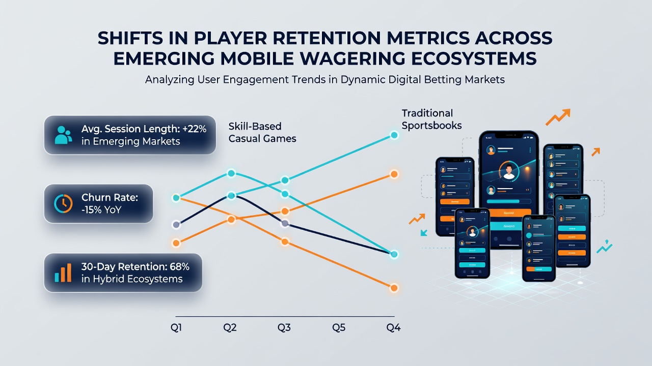 Analytics dashboard displaying player retention curves and cohort analysis for mobile wagering platforms