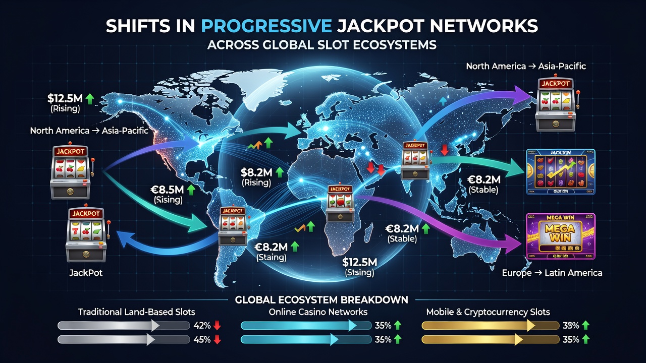 Global slot floor with interconnected progressive jackpot displays showing network growth indicators