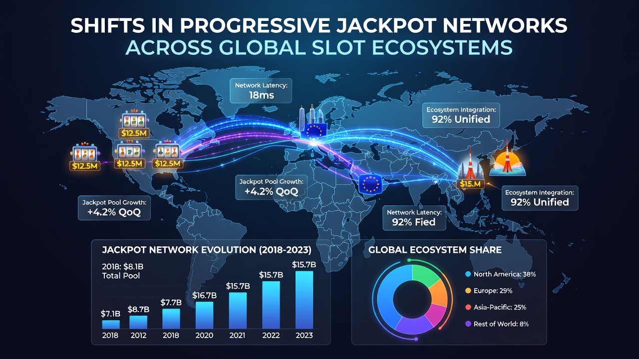 Network diagram illustrating progressive jackpot connections across multiple casino locations and online platforms
