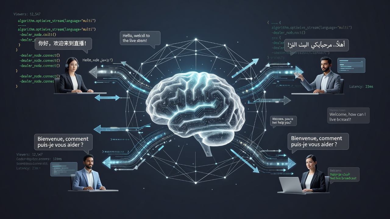 Close-up of algorithm-driven virtual dealer interface handling multiple language streams simultaneously