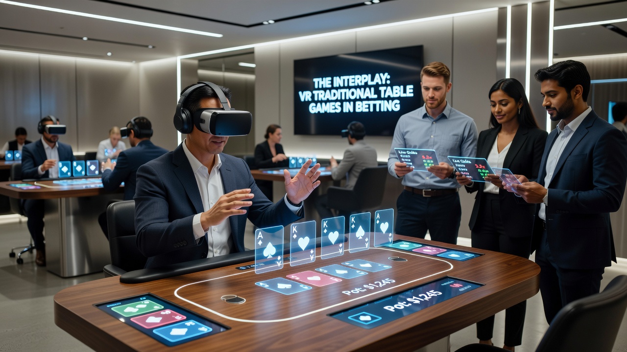 Virtual reality headset users engaging with simulated blackjack tables in a modern betting facility