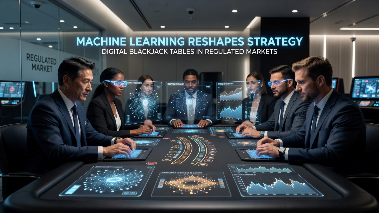 Regulated digital blackjack table interface displaying machine learning generated probability insights